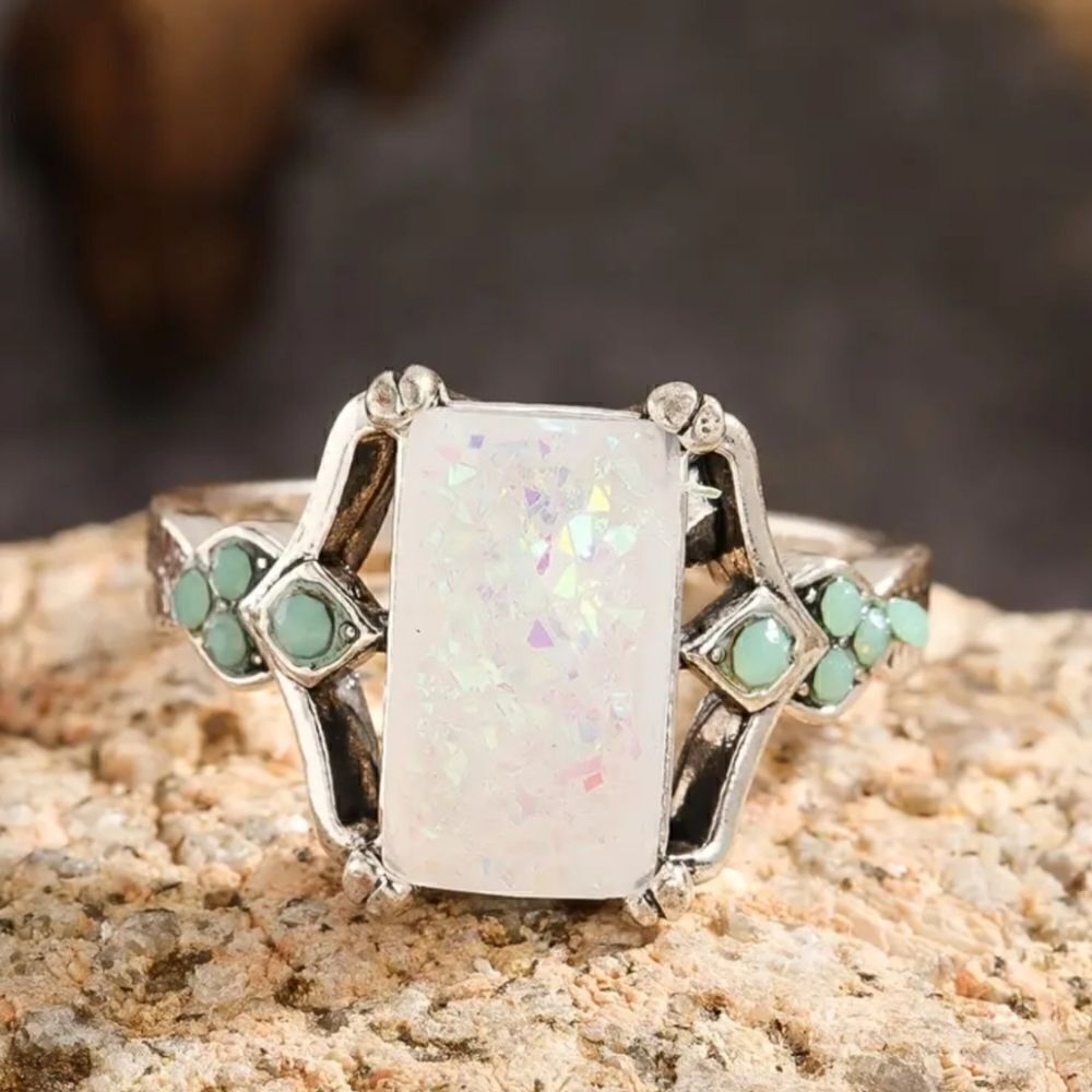 Rectangle White Lab Opal Antique Silvery Rings - Picture 9 of 12
